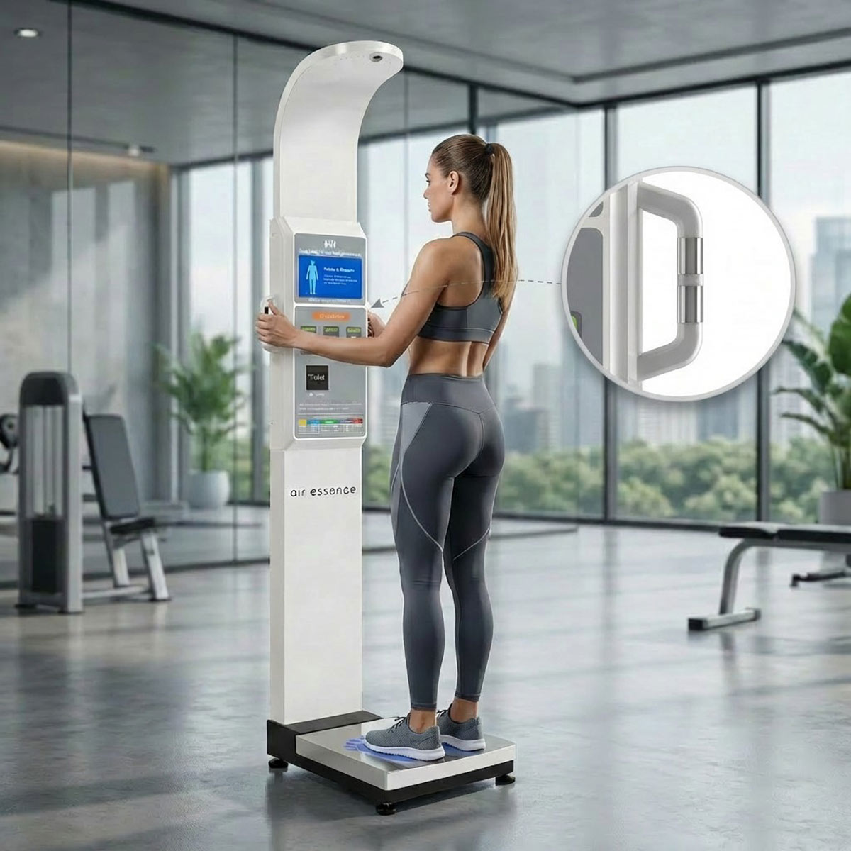 Air Essence™ AirMetrics M5 - profesjonalne urządzenie do analizy składu ciała (BIA) z pomiarem wzrostu, wagą cyfrową oraz raportem w telefonie po kodzie QR i wydrukiem z wbudowanej drukarki termicznej.