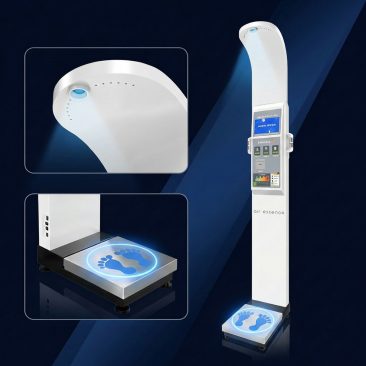Air Essence™ AirMetrics M5 - profesjonalne urządzenie do analizy składu ciała (BIA) z pomiarem wzrostu, wagą cyfrową oraz raportem w telefonie po kodzie QR i wydrukiem z wbudowanej drukarki termicznej.