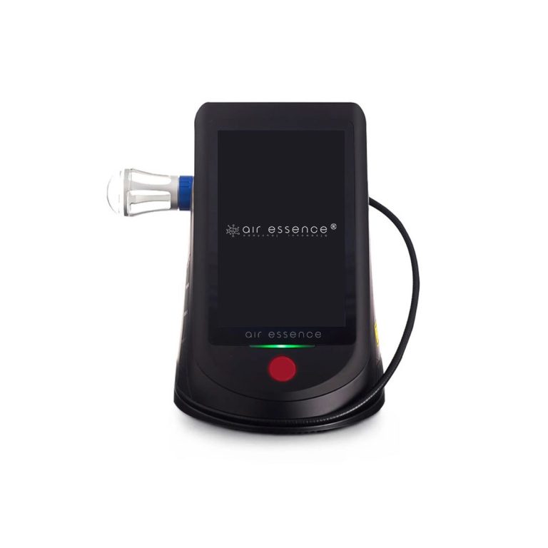 Air Essence™ Anabatic A2 Laser wysokoenergetyczny Laser wysokoenergetyczny Anabatic 2 ma czarną obudowę, ekran dotykowy, czerwony przycisk pod ekranem i przezroczystą cylindryczną nasadkę po lewej stronie, a wszystko to na białym tle.