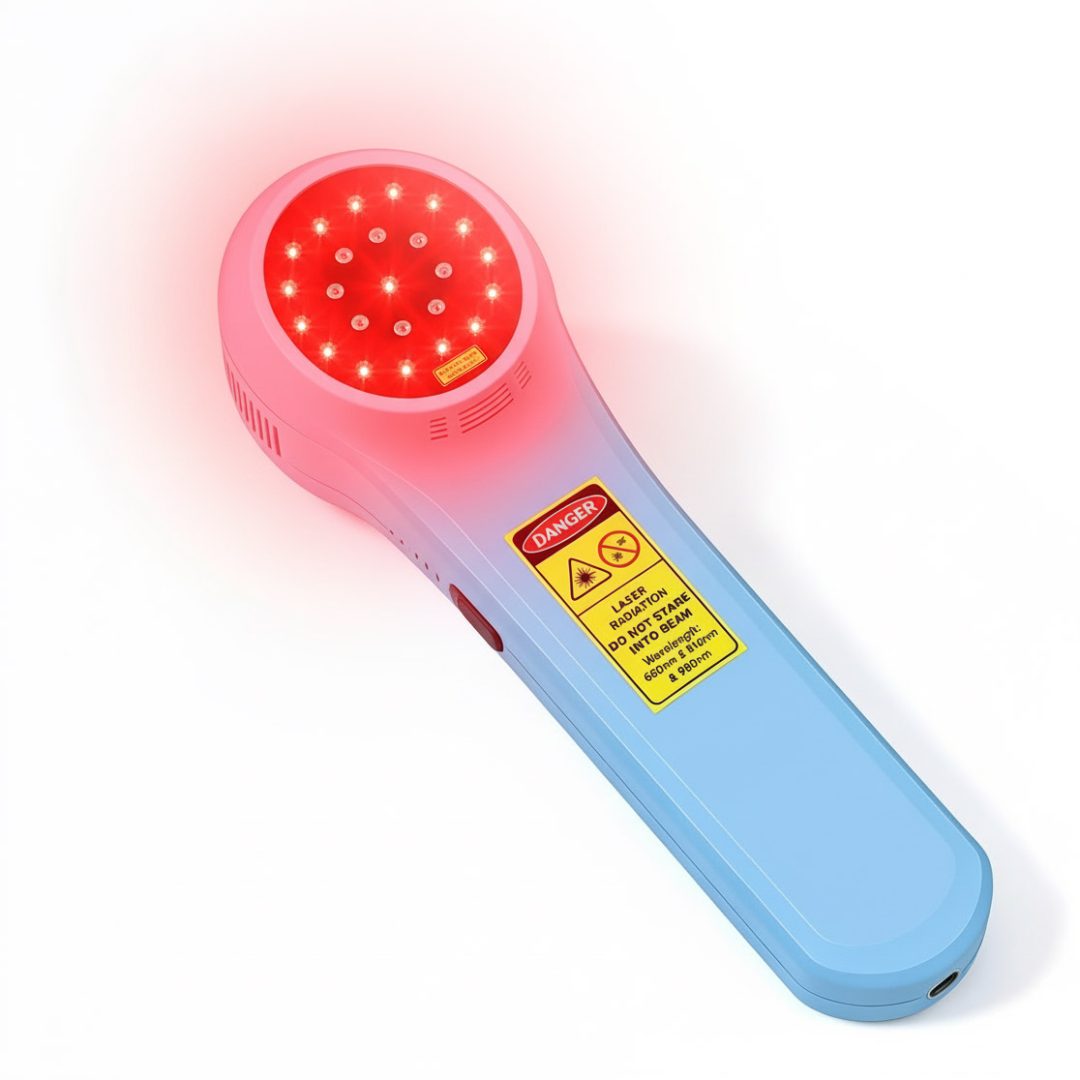 Ręczne urządzenie z niebieskim uchwytem, emitujące czerwone światło laserowe i wyposażone w żółtą etykietę ostrzegawczą wskazującą niebezpieczeństwo promieniowania laserowego.