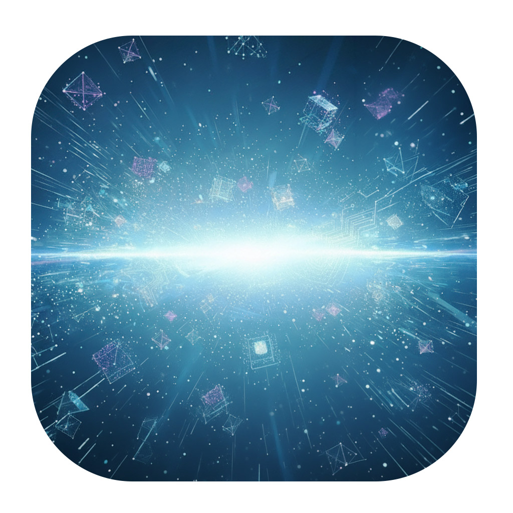 Emanuje jasnym, białym światłem na niebieskim tle z geometrycznymi kształtami i cyfrowymi cząsteczkami,