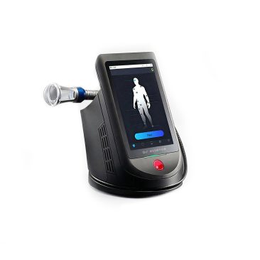 Laser wysokoenergetyczny Anabatic 2 to czarne urządzenie medyczne z ekranem dotykowym przedstawiającym schemat ludzkiego ciała, czerwonym przyciskiem poniżej ekranu i przezroczystą cylindryczną nasadką po lewej stronie, osadzoną na białym tle.