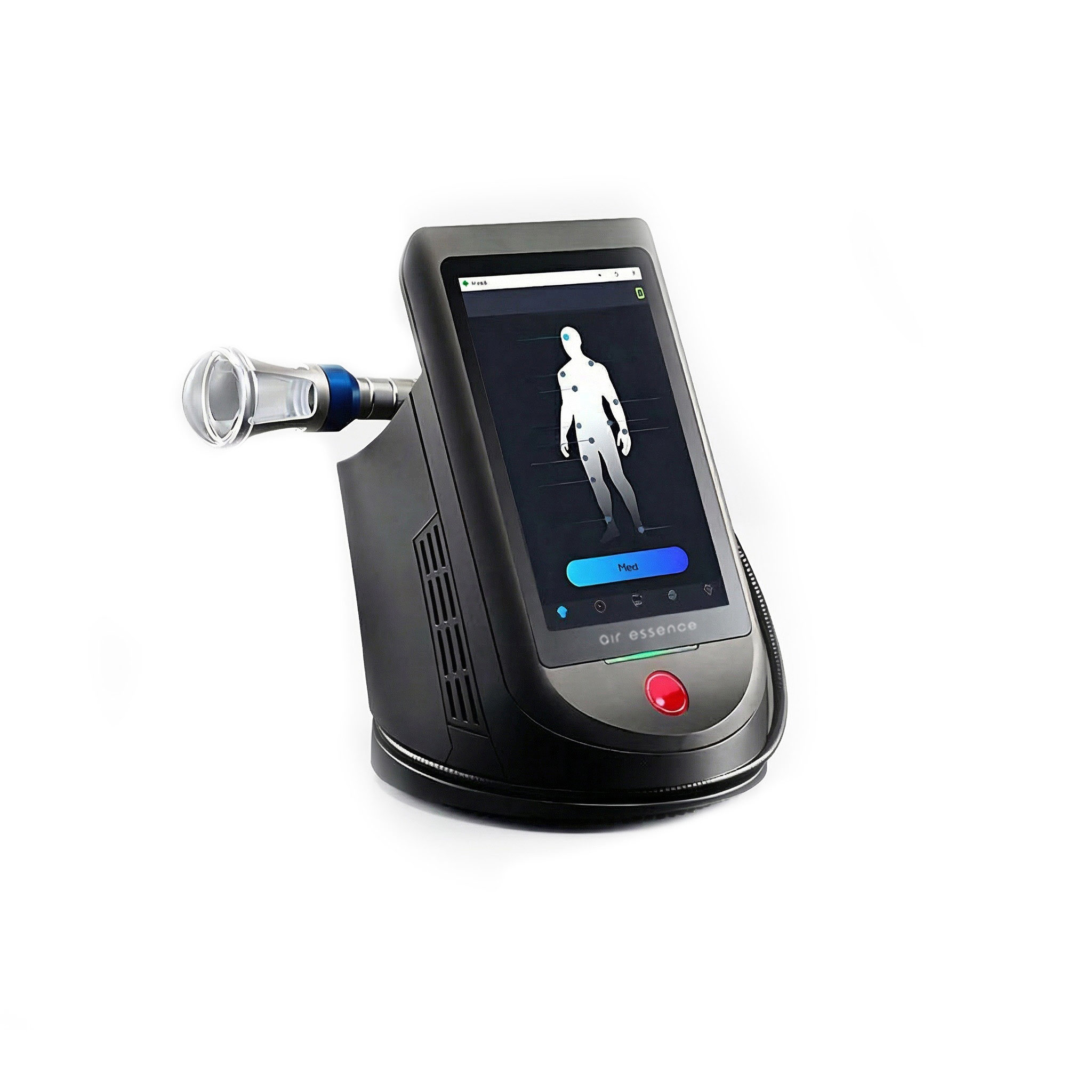 Laser wysokoenergetyczny Anabatic 2 to czarne urządzenie medyczne z ekranem dotykowym przedstawiającym schemat ludzkiego ciała, czerwonym przyciskiem poniżej ekranu i przezroczystą cylindryczną nasadką po lewej stronie, osadzoną na białym tle.