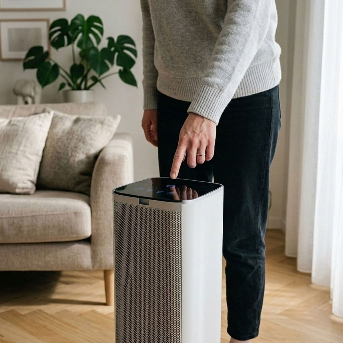 Zbliżenie na panel dotykowy oczyszczacza powietrza Air Essence ESP Cyclone Eco podczas regulacji ustawień urządzenia.