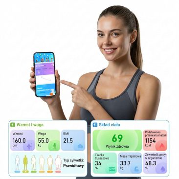 Air Essence™ AirMetrics M5 - profesjonalne urządzenie do analizy składu ciała (BIA) z pomiarem wzrostu, wagą cyfrową oraz raportem w telefonie po kodzie QR i wydrukiem z wbudowanej drukarki termicznej.