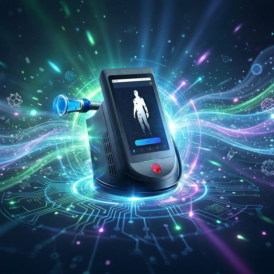 Laser wysokoenergetyczny Anabatic 2 to futurystyczne urządzenie medyczne wyposażone w cyfrowy ekran z ludzką sylwetką, otoczony świecącymi światłami i holograficznymi, abstrakcyjnymi wzorami technologicznymi.