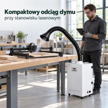 Pracownik przy grawerce laserowej i odciąg dymu Tornado T4 przy stanowisku