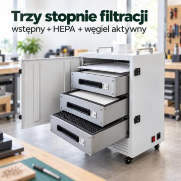 Tornado T4 z otwartymi drzwiczkami: filtr wstępny, HEPA i węgiel aktywny
